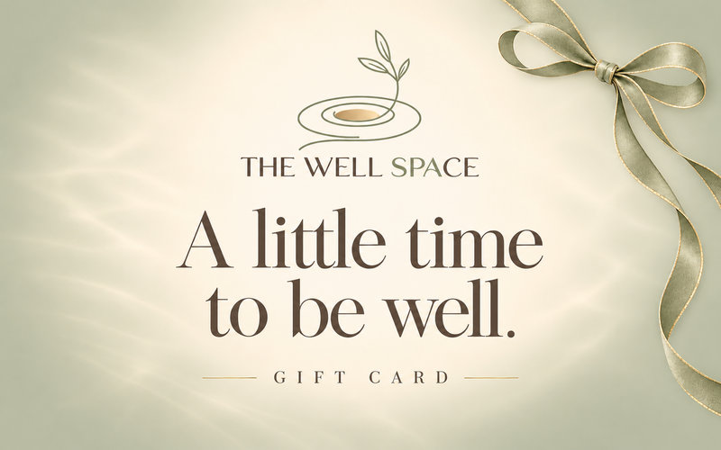 The Well Space gift card, reading "A little time to be well." with a sage ribbon.